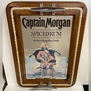 Captain Morgan Mirror   Vintage 80s Wood Framed Mirror  Nautical Rope Border